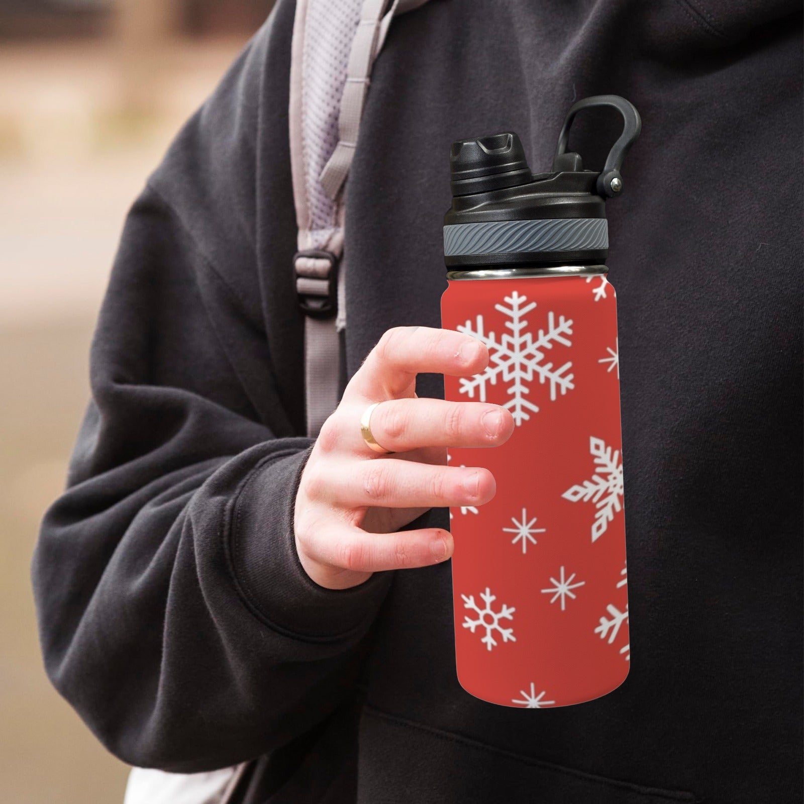 Red Snowflakes, Christmas - Insulated Water Bottle with Dual-Use Lid (18oz) Insulated Water Bottle with Dual-Use Lid (18oz) Christmas Printed Offshore