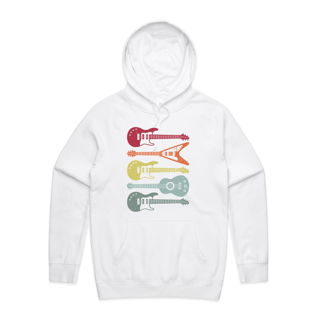 Retro Guitars - Mens Hoodie White Mens Hoodie Music Printed In Australia