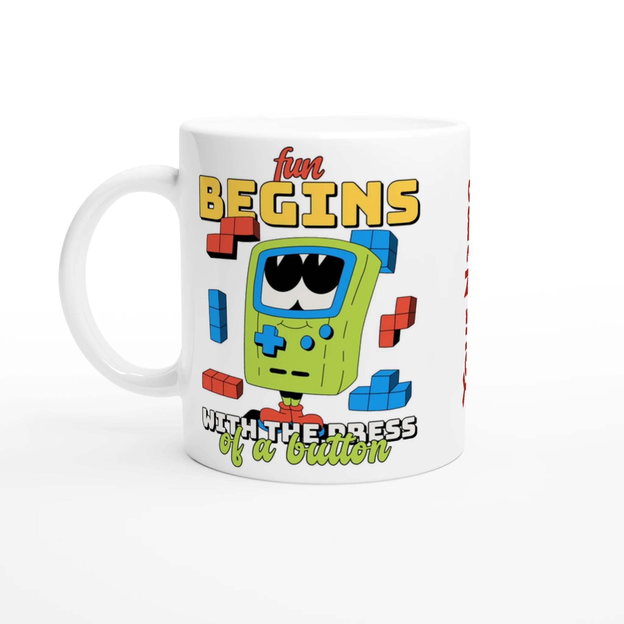 Personalised - Fun Begins With The Press Of A Button - White 11oz Ceramic Mug White 11oz Ceramic Mug - Personalised 11oz Mug customise Games Globally Fulfilled personalise