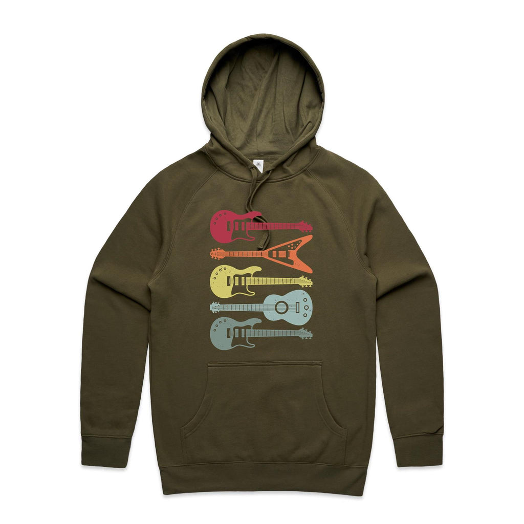 Retro Guitars - Mens Hoodie Army Mens Hoodie Music Printed In Australia