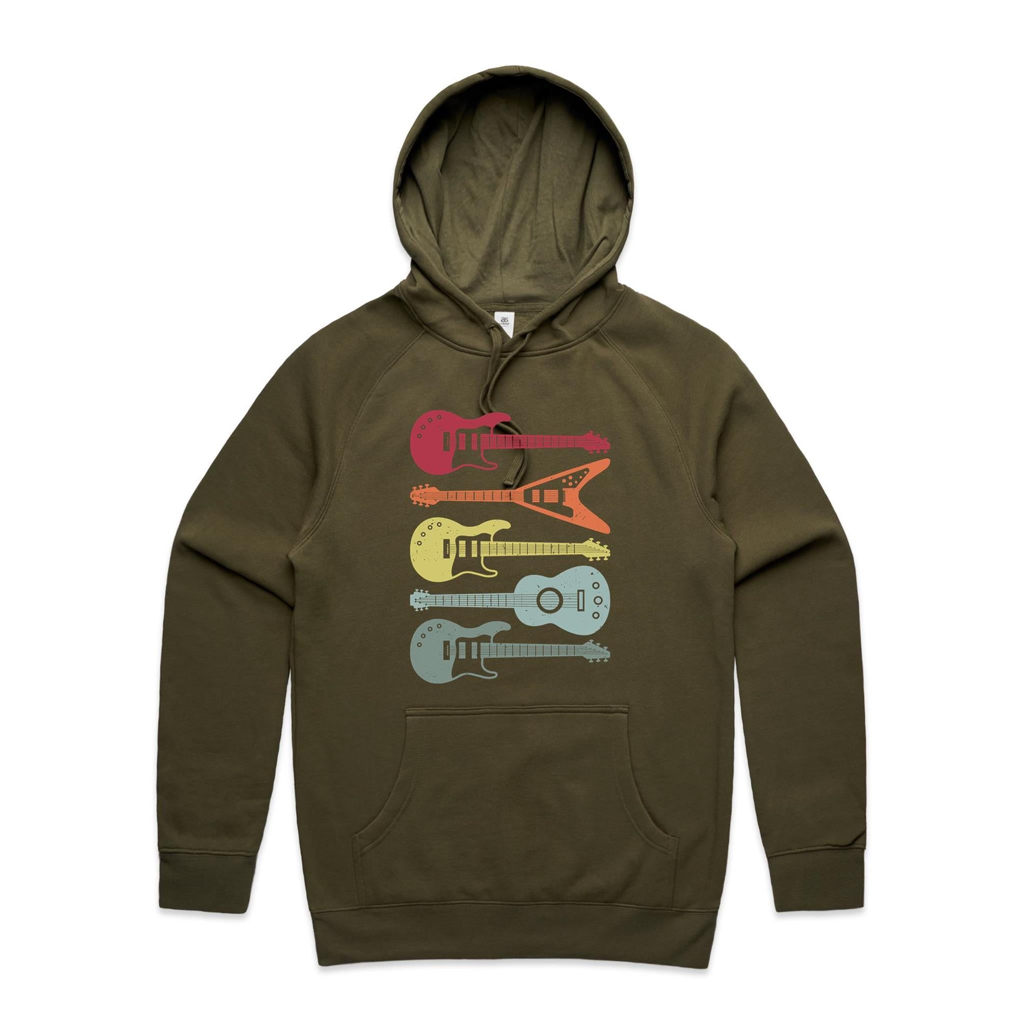 Retro Guitars - Mens Hoodie Army Mens Hoodie Music Printed In Australia
