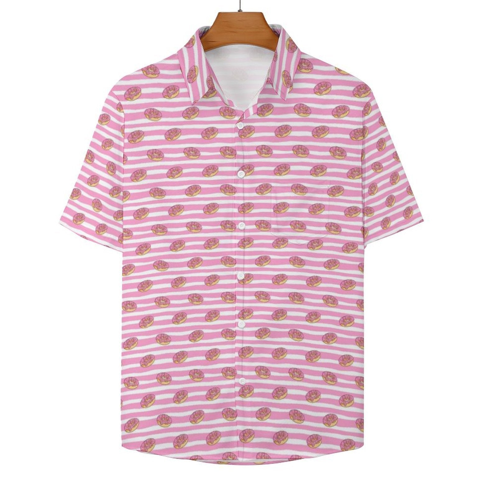 Pink Doughnut Stripes Women's Short-Sleeve Button Up Shirt Women's Short-Sleeve Button Up Shirt Food Printed Offshore