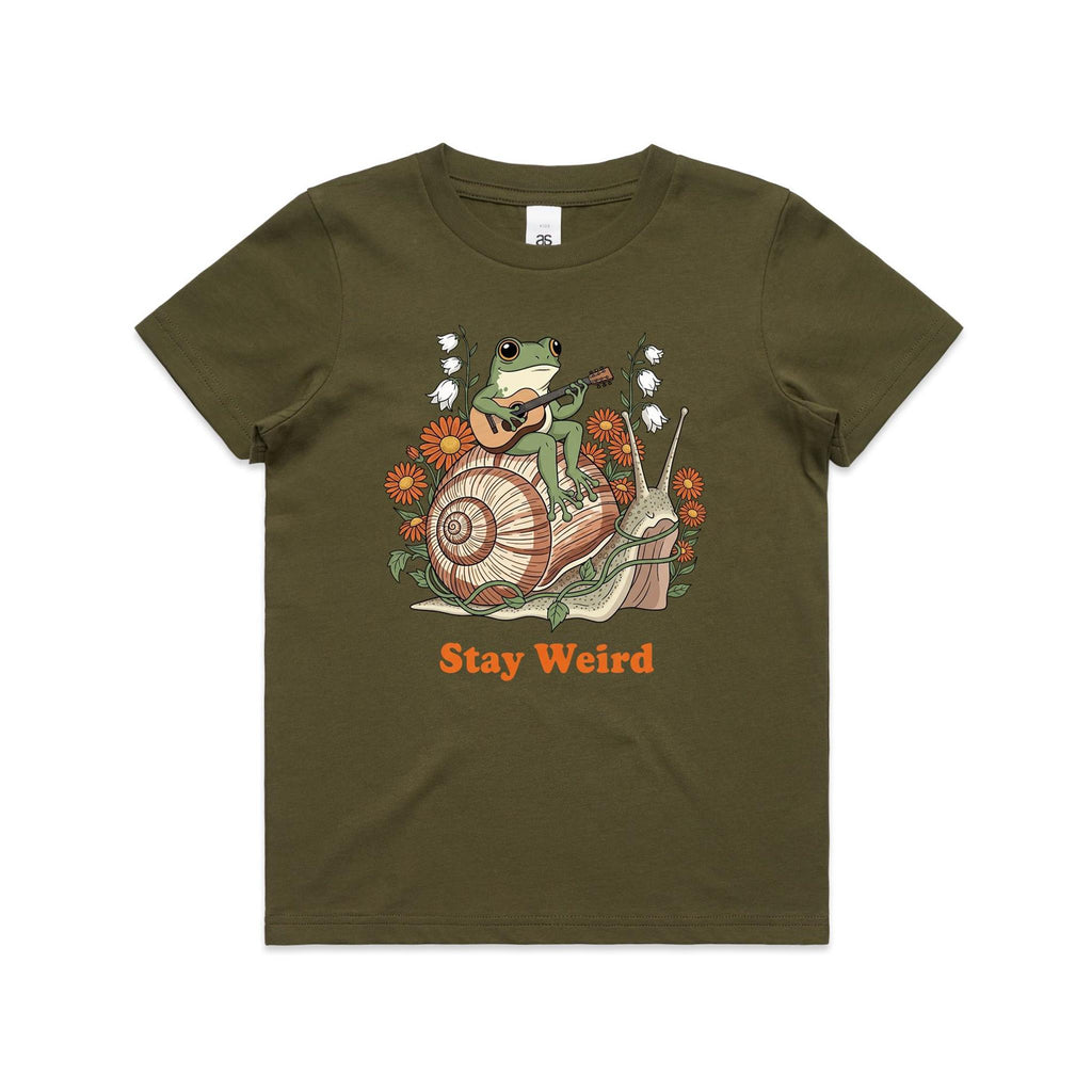 Stay Weird, Guitar Playing Frog On A Snail Kid's AS Colour T-shirt Army Kids Youth T-shirt animal Music Printed In Australia