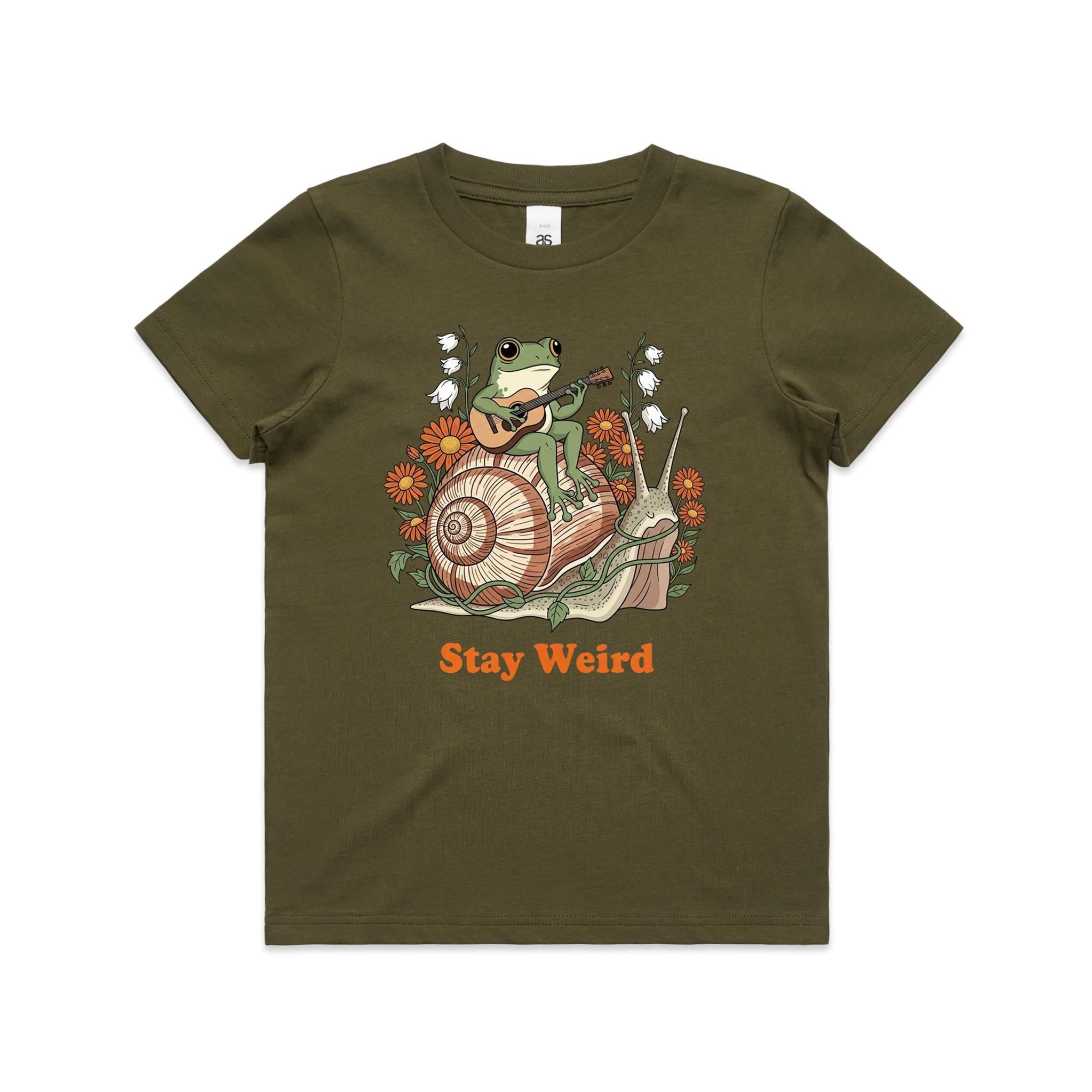 Stay Weird, Guitar Playing Frog On A Snail Kid's AS Colour T-shirt Army Kids Youth T-shirt animal Music Printed In Australia