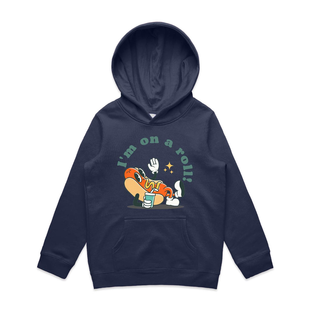 Hotdog, I'm On A Roll - Kids Hoodie Midnight Blue Kids Hoodie Printed In Australia