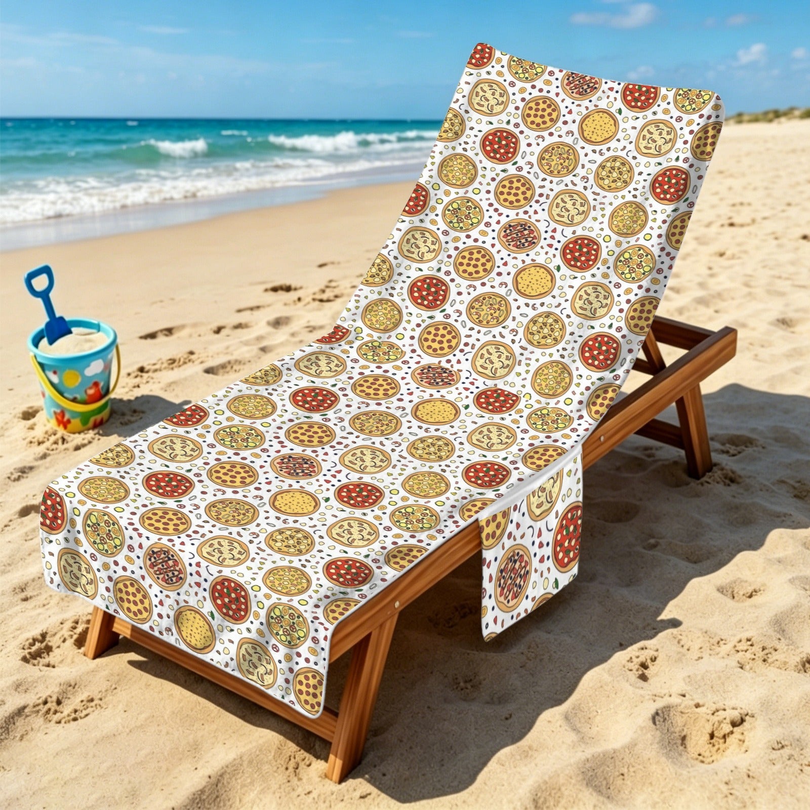 Round Pizzas On White Beach Chair Towel Cover with Side Pockets