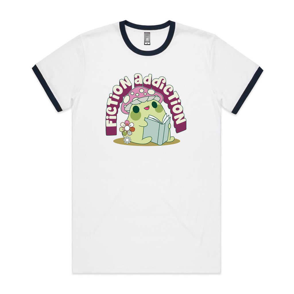 Fiction Addiction - Staple Ringer Tee White Navy Ringer T-Shirt Printed In Australia Reading