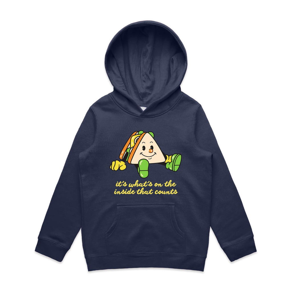 Sandwich, It's What's On The Inside That Counts - Kids Hoodie Midnight Blue Kids Hoodie Printed In Australia