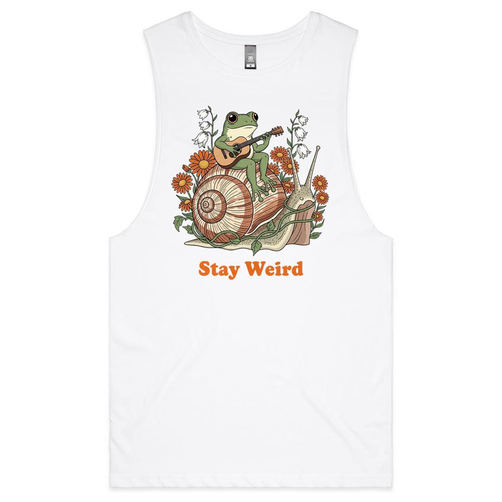 Stay Weird, Guitar Playing Frog On A Snail Mens Men's AS Colour Drop Arm Tank Top White Drop Arm Tank Top animal Music Printed In Australia