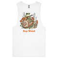 Stay Weird, Guitar Playing Frog On A Snail Mens Men's AS Colour Drop Arm Tank Top White Drop Arm Tank Top animal Music Printed In Australia