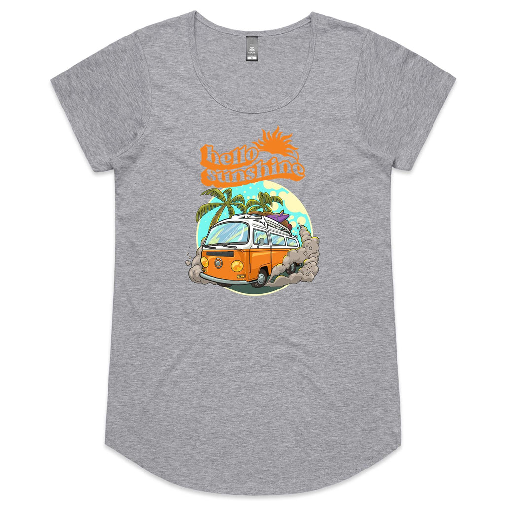 Hello Sunshine, Beach Van - Womens Scoop Neck T-Shirt Grey Marle Womens Scoop Neck T-shirt Printed In Australia Summer Surf