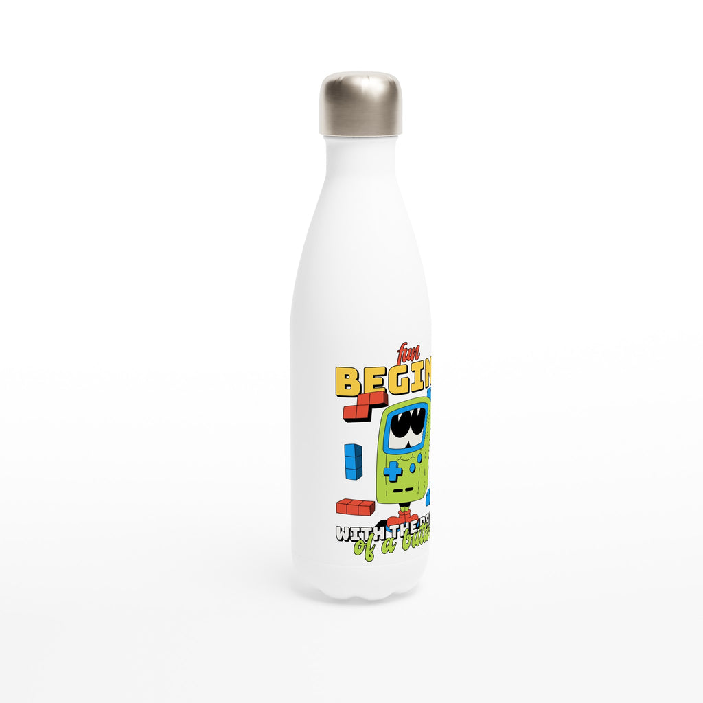 Fun Begins With The Press Of A Button - White 17oz Stainless Steel Water Bottle White Water Bottle Games Globally Fulfilled