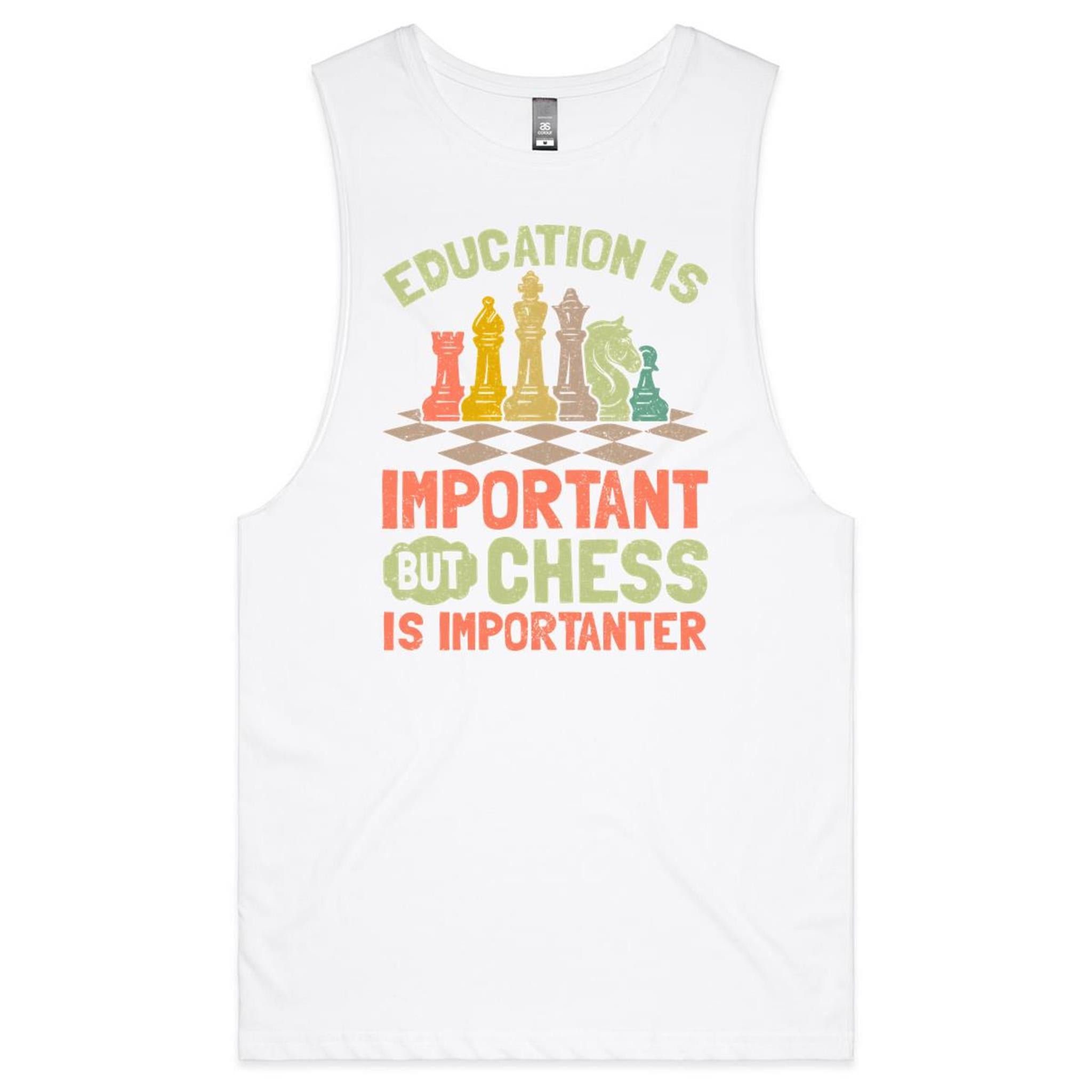 Chess And Education - Mens Tank Top Tee White Drop Arm Tank Top Chess Games Printed In Australia
