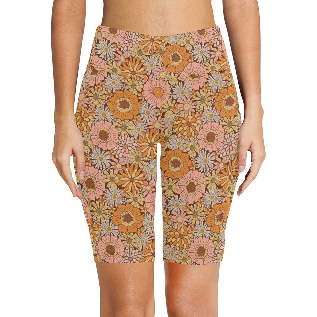 Orange Retro Floral Women's Bike Shorts With Side Pockets