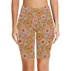 Orange Retro Floral Women's Bike Shorts With Side Pockets
