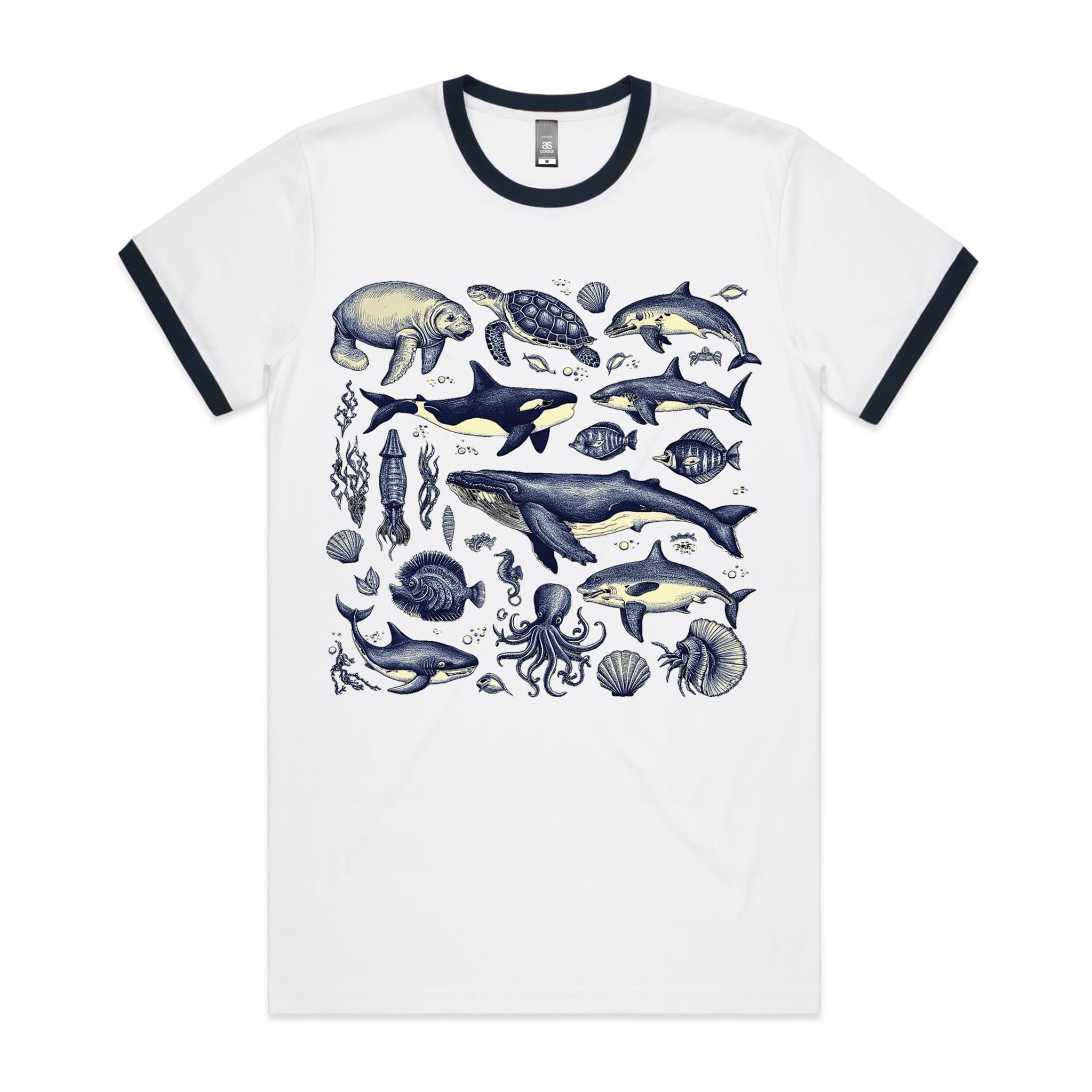 Sea Creatures - Staple Ringer Tee White Navy Ringer T-Shirt animal Printed In Australia