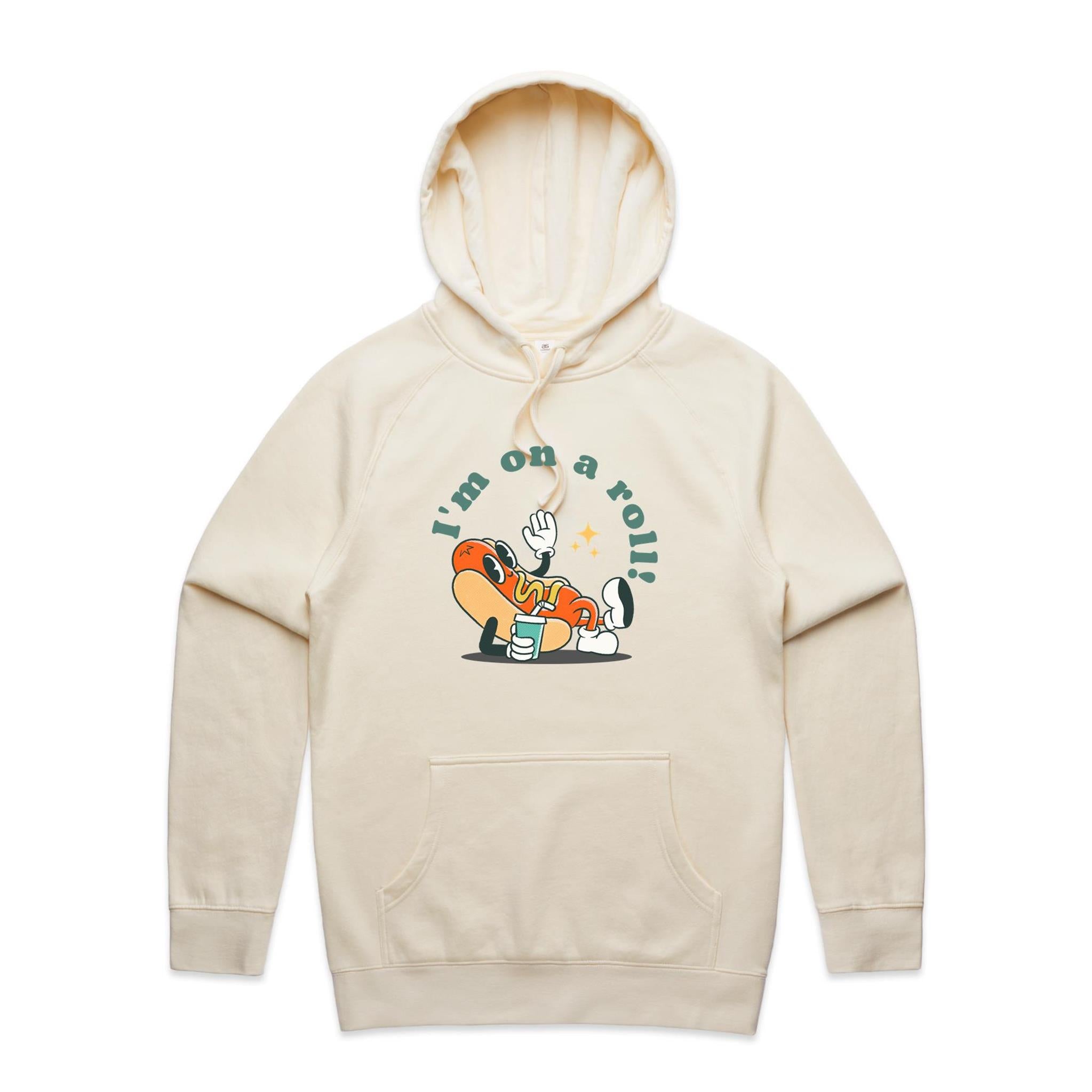 Hotdog, I'm On A Roll - Mens Hoodie Ecru Mens Hoodie Food Printed In Australia