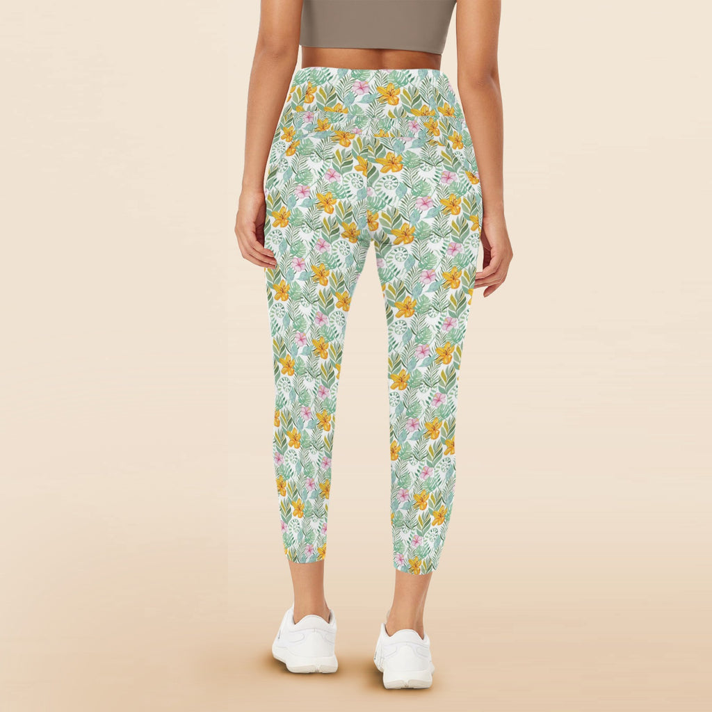 Tropical Flowers And Leaves Women's High Waist Pockets Yoga Leggings Women's High Waist Pockets Yoga Leggings Plants Printed Offshore