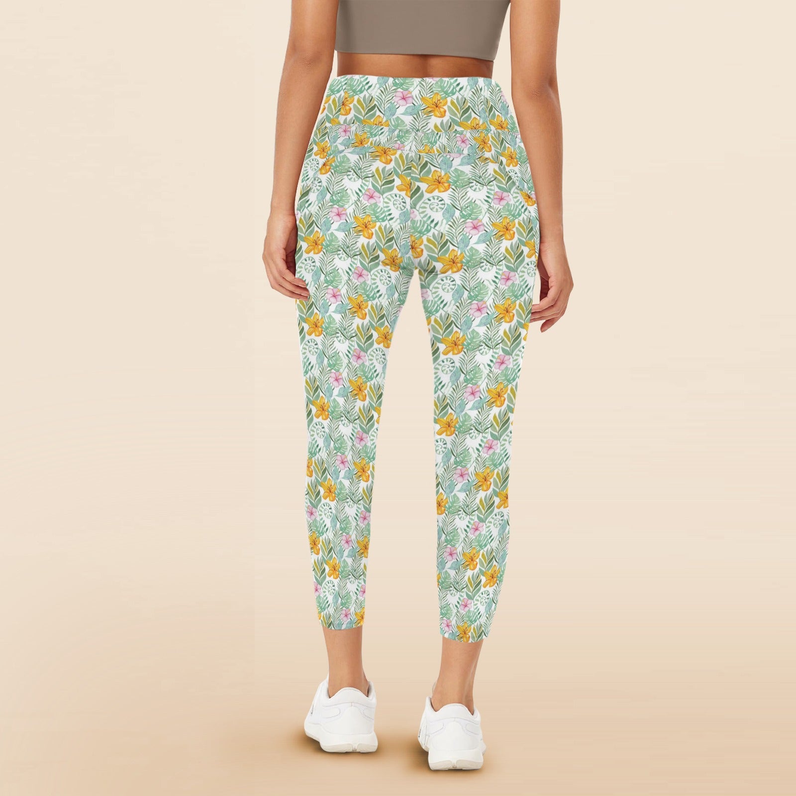 Tropical Flowers And Leaves Women's High Waist Pockets Yoga Leggings Women's High Waist Pockets Yoga Leggings Plants Printed Offshore