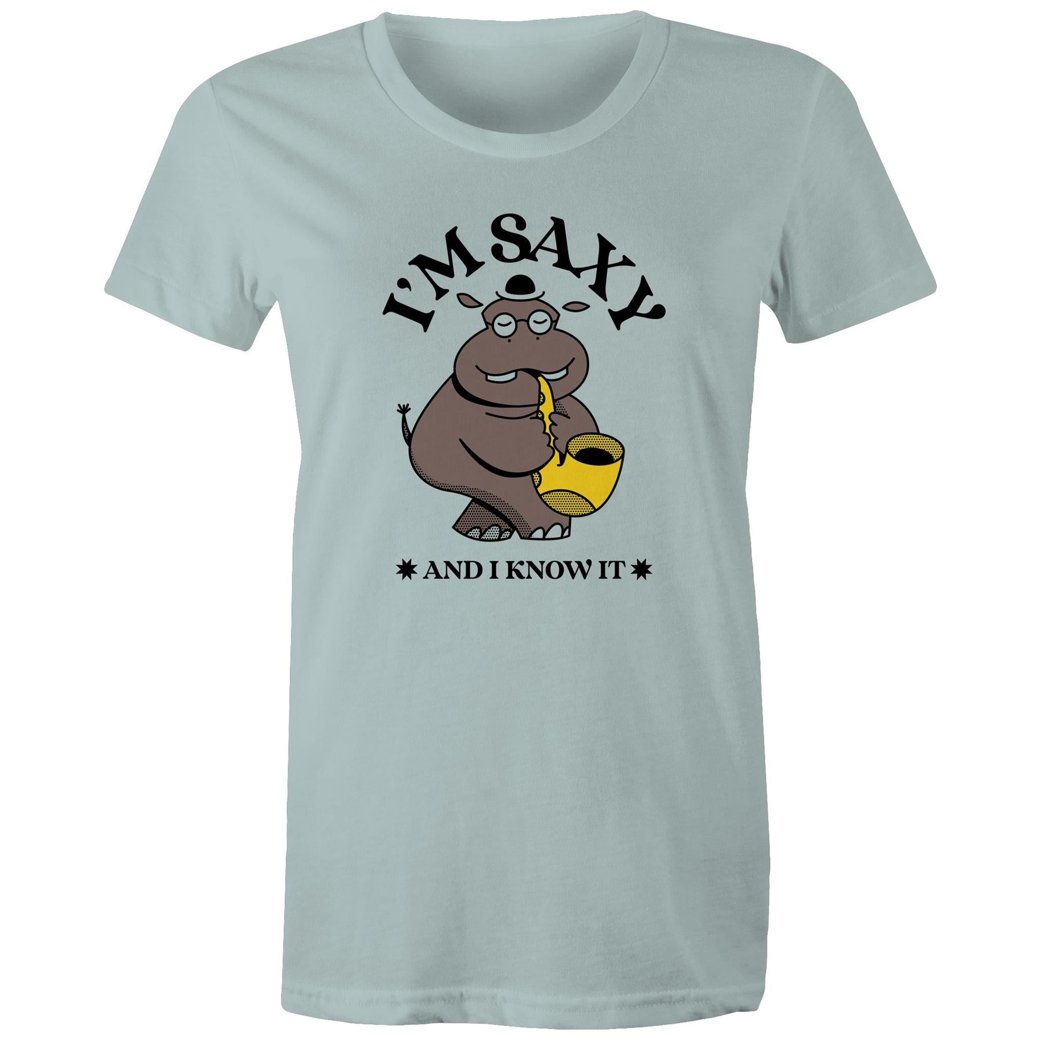 I'm Saxy And I Know It, Saxophone Hippo - Womens T-shirt Pale Blue Womens T-shirt animal Music Printed In Australia