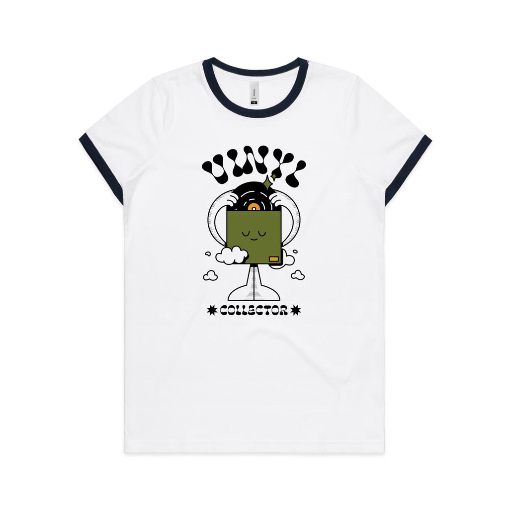 Vinyl Collector, Records - Women's Ringer Tee White Navy Womens Ringer T-shirt Music Printed In Australia Retro