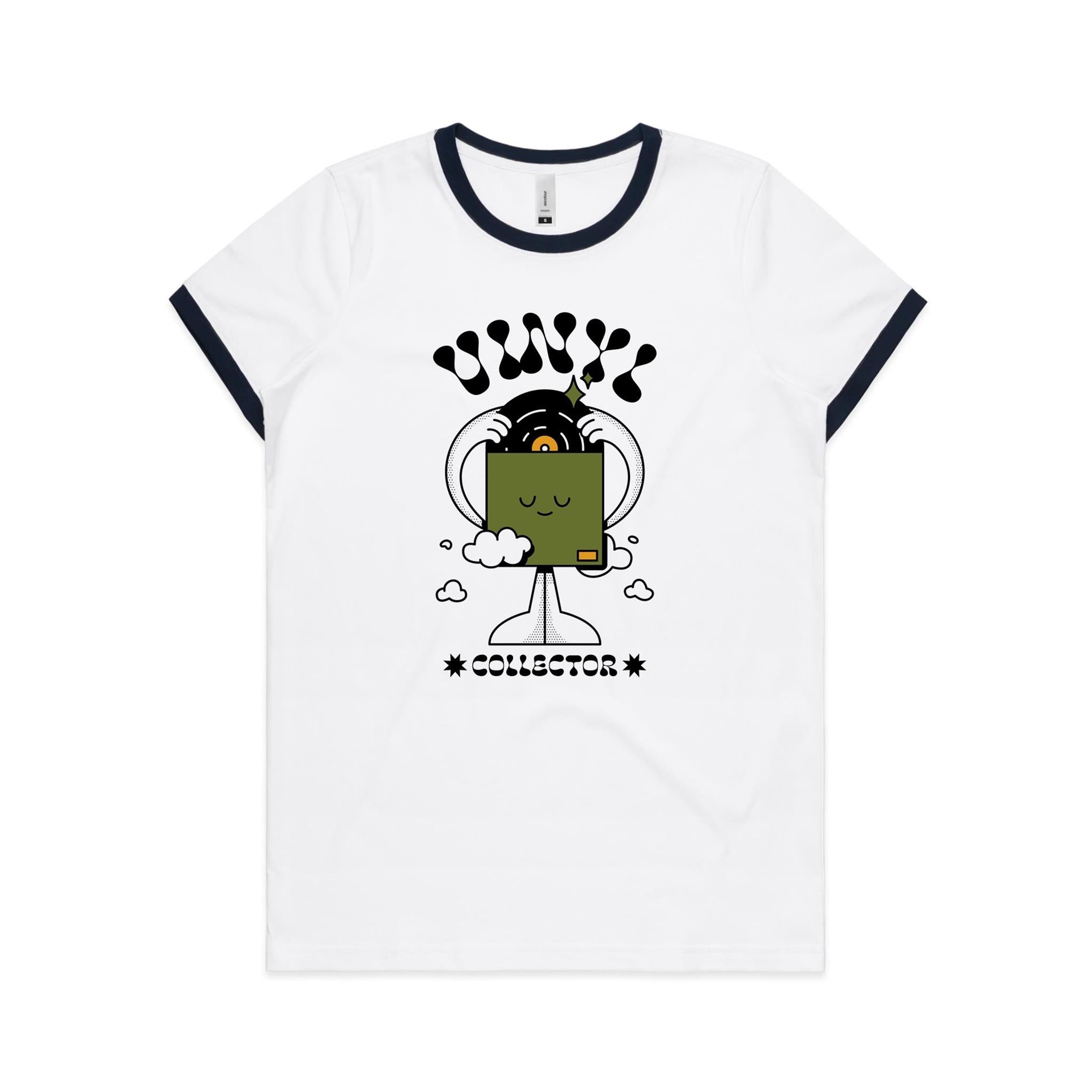 Vinyl Collector, Records - Women's Ringer Tee White Navy Womens Ringer T-shirt Music Printed In Australia Retro