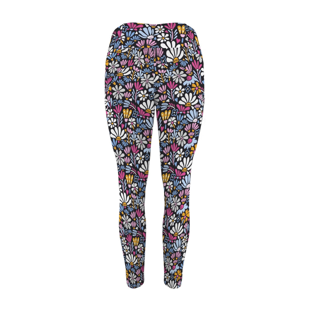 Graphic Flowers On Black Women's High Waist Pockets Yoga Leggings Women's High Waist Pockets Yoga Leggings Plants Printed Offshore
