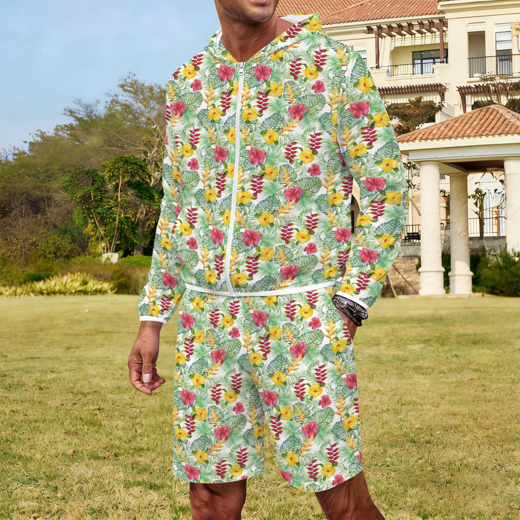 Tropical Flowers On White Men's Lightweight Sun Hoodie & Shorts Set Men's Lightweight Sun Hoodie & Shorts Plants Printed Offshore