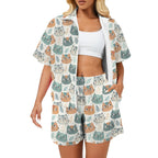 Cute Cat Faces Women's Windbreaker Short Set 2XL Women's Windbreaker Short Set animal Printed Offshore