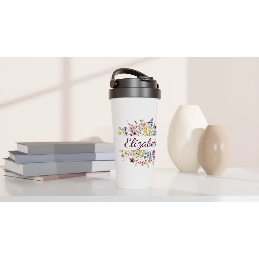 Personalise - Flower Frame Name - White 15oz Stainless Steel Travel Mug Personalised Travel Mug customise Globally Fulfilled Name personalise Plants