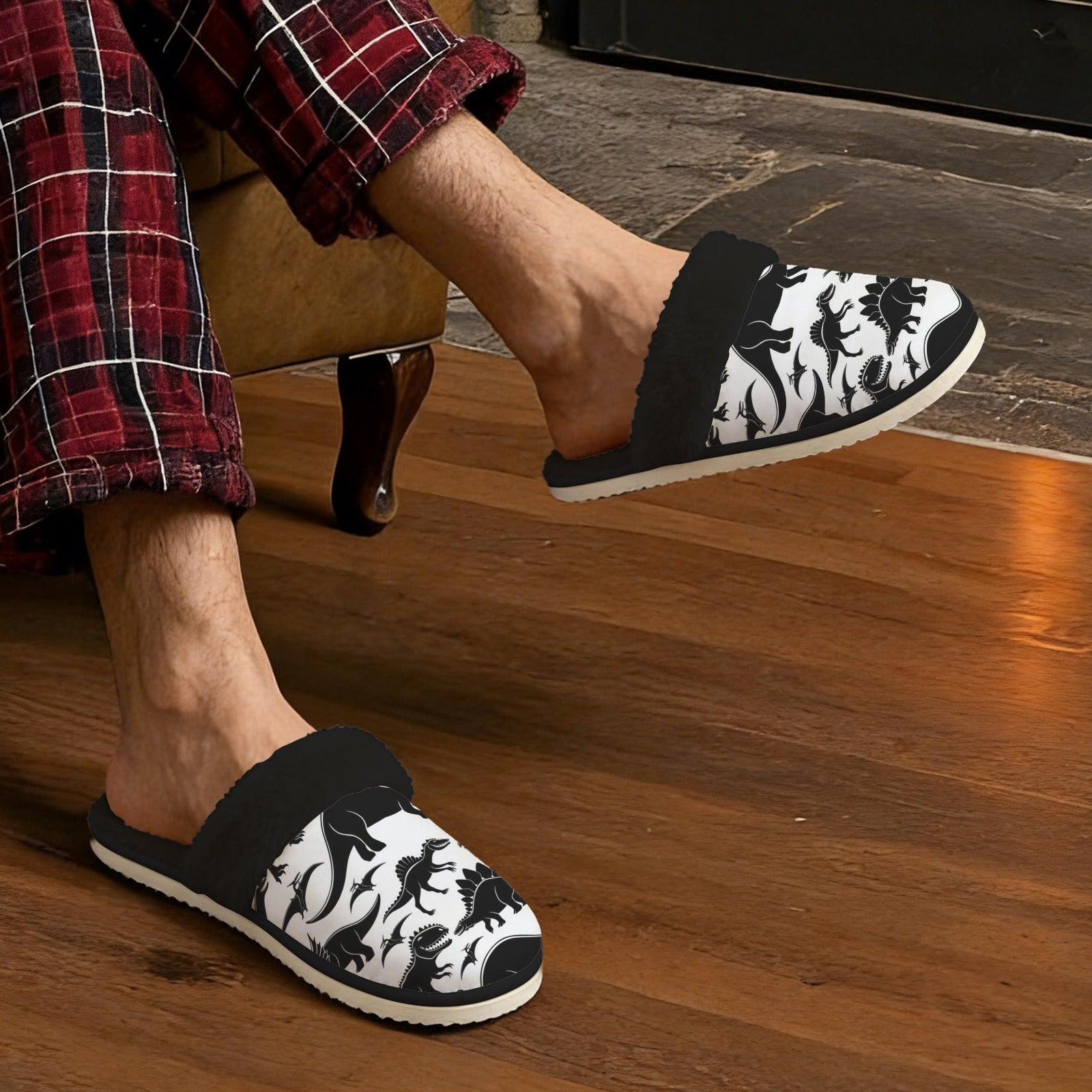 Dinosaurs Men's Fur Trim Thick-Sole Indoor Slippers Men's Fur Trimmed Slippers animal Printed Offshore