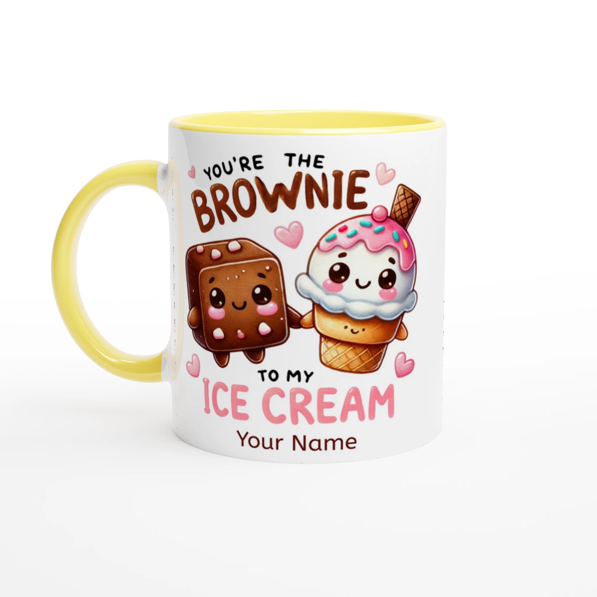 Personalised - You're The Brownie To My Ice Cream, Valentine - White 11oz Ceramic Mug with Colour Inside Ceramic Yellow Personalised 11oz Mug