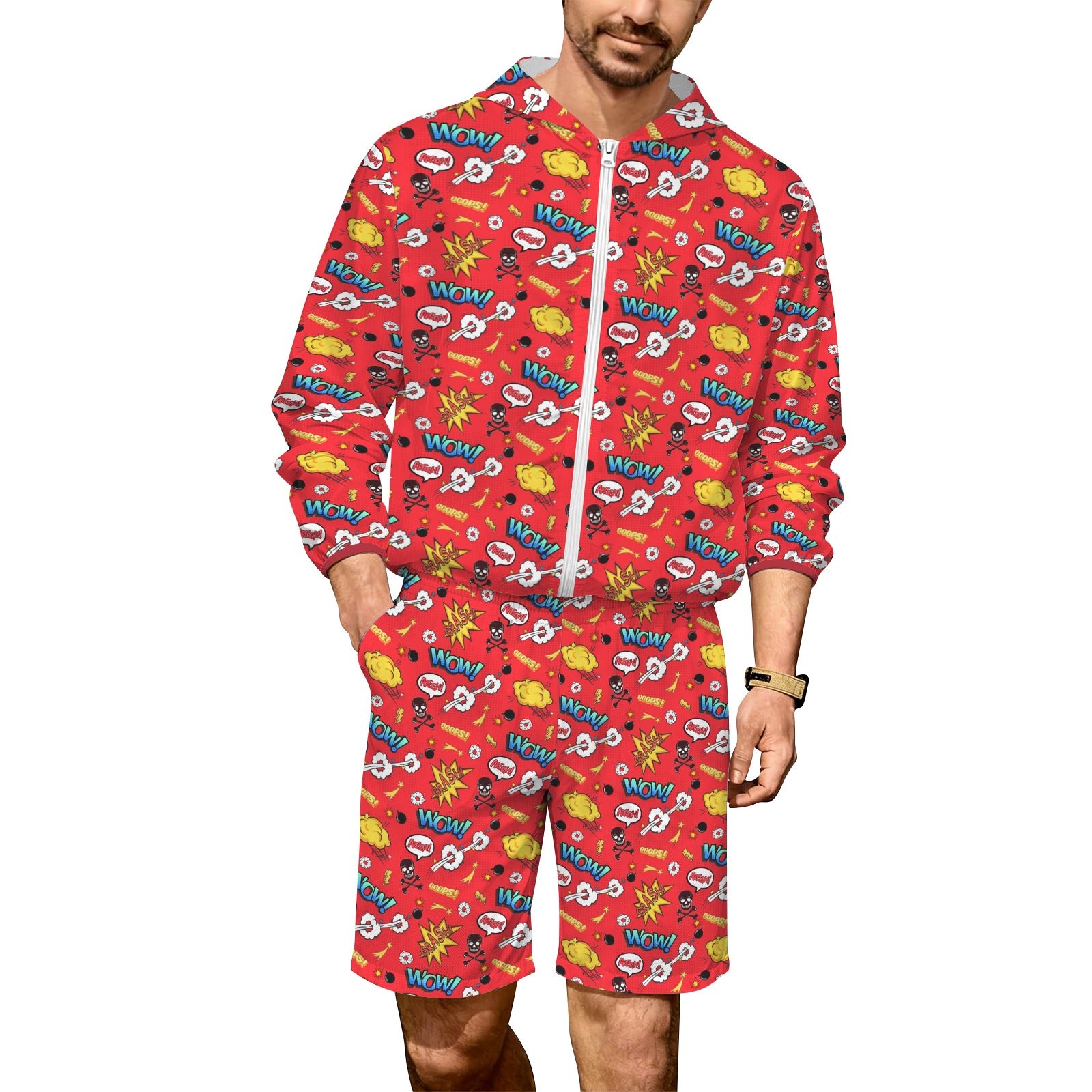 Comic Book Red Men's Lightweight Sun Hoodie & Shorts Set 4XL Men's Lightweight Sun Hoodie & Shorts comic Printed Offshore