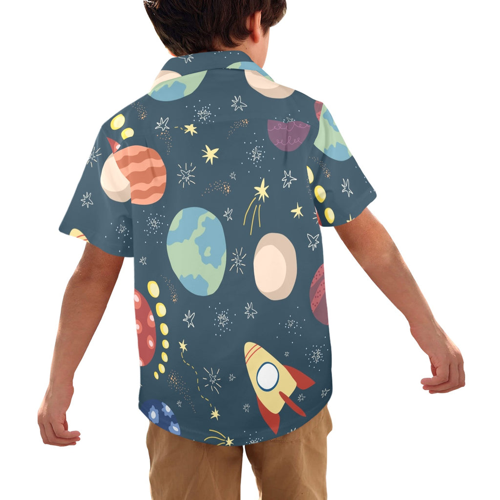 Rocket and Planets In Space - Junior Kids Hawaiian Shirt