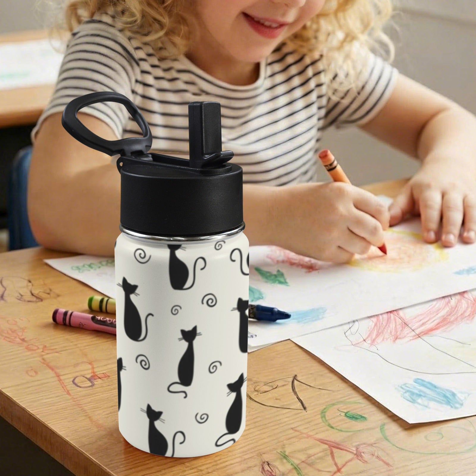 Black Cats 12oz Kids Water Bottle with Straw Lid