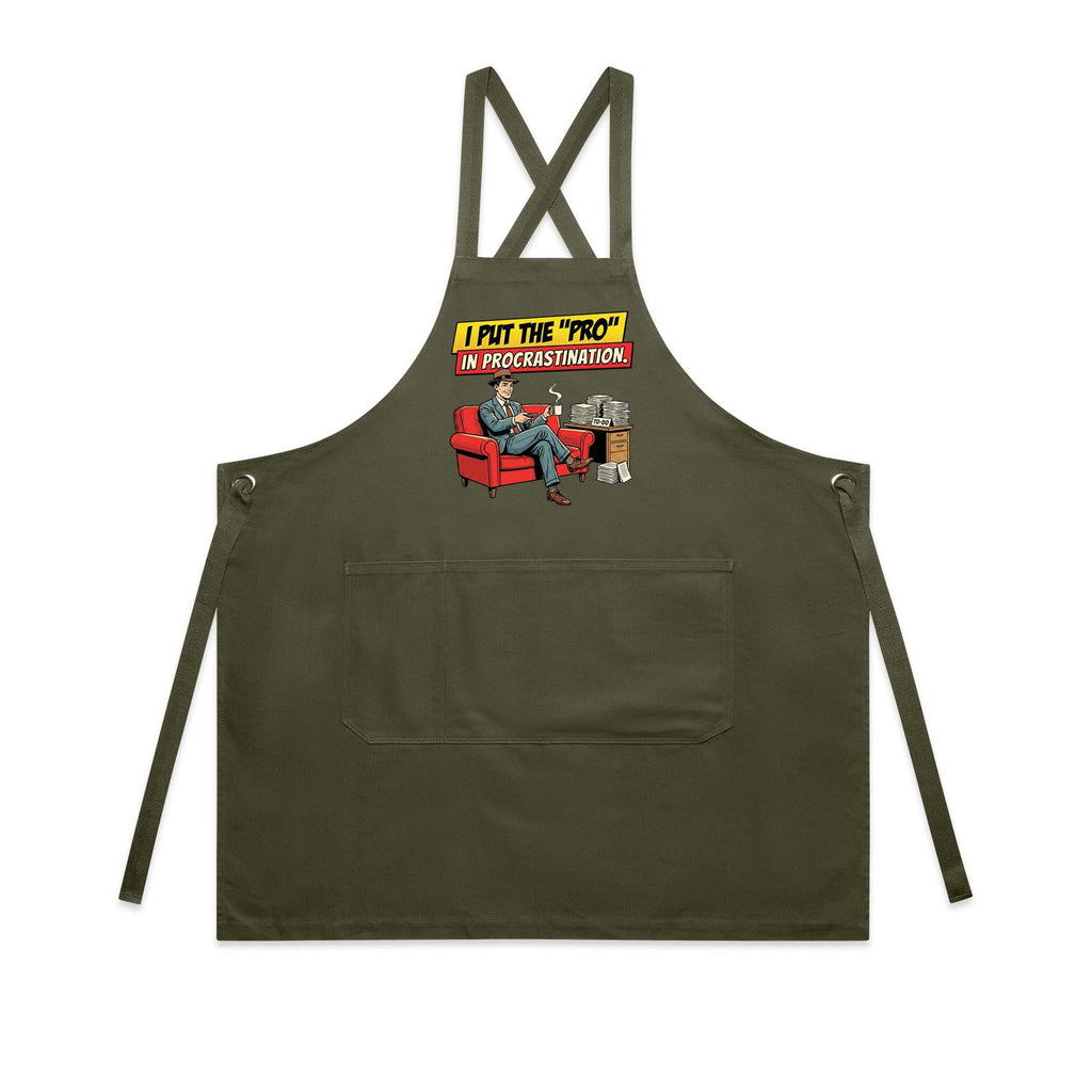 I Put The Pro In Procrastination, Retro Gentleman AS Colour Carrie Apron Army One Size Apron comic Printed In Australia