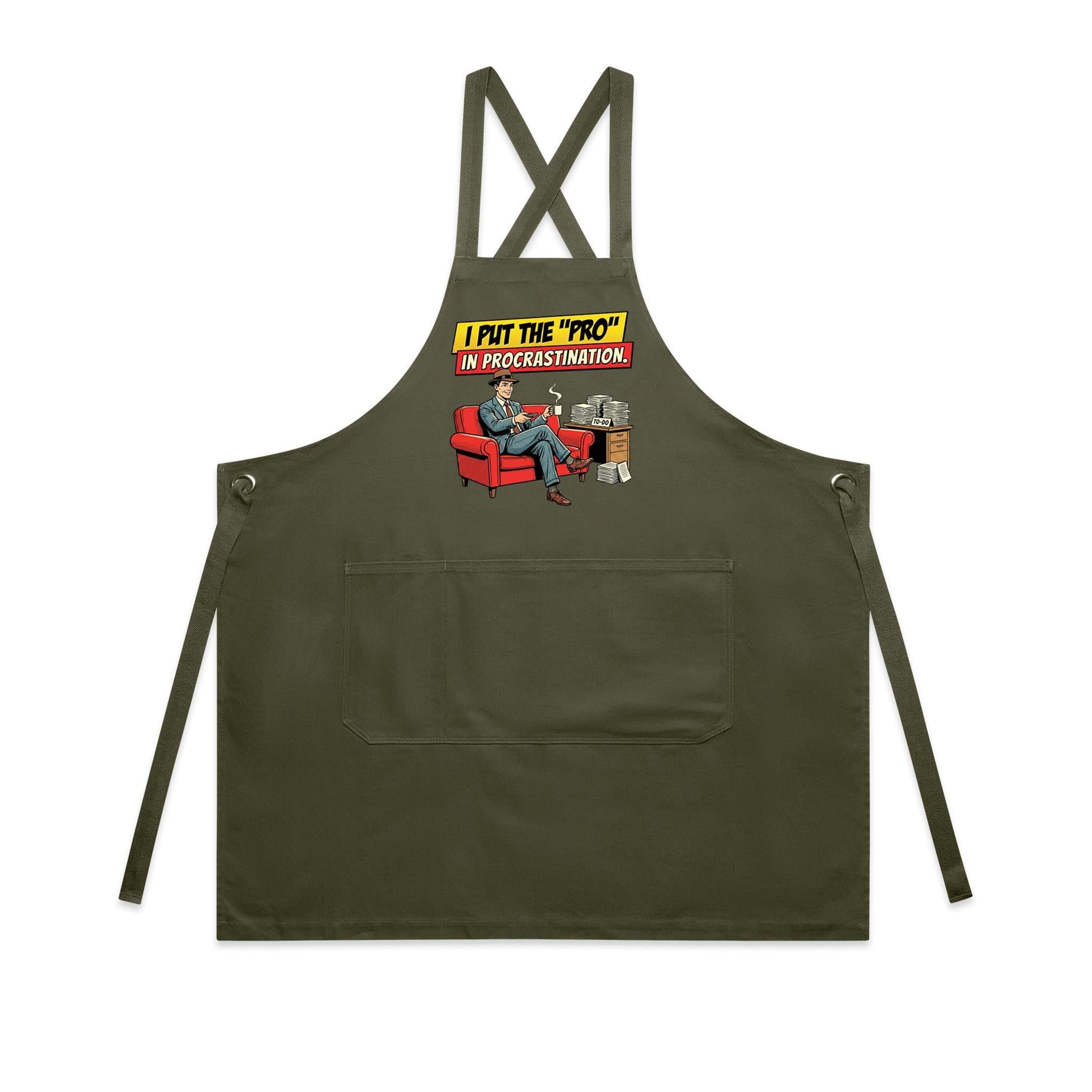 I Put The Pro In Procrastination, Retro Gentleman - AS Colour Carrie Apron Army One Size Apron comic Printed In Australia