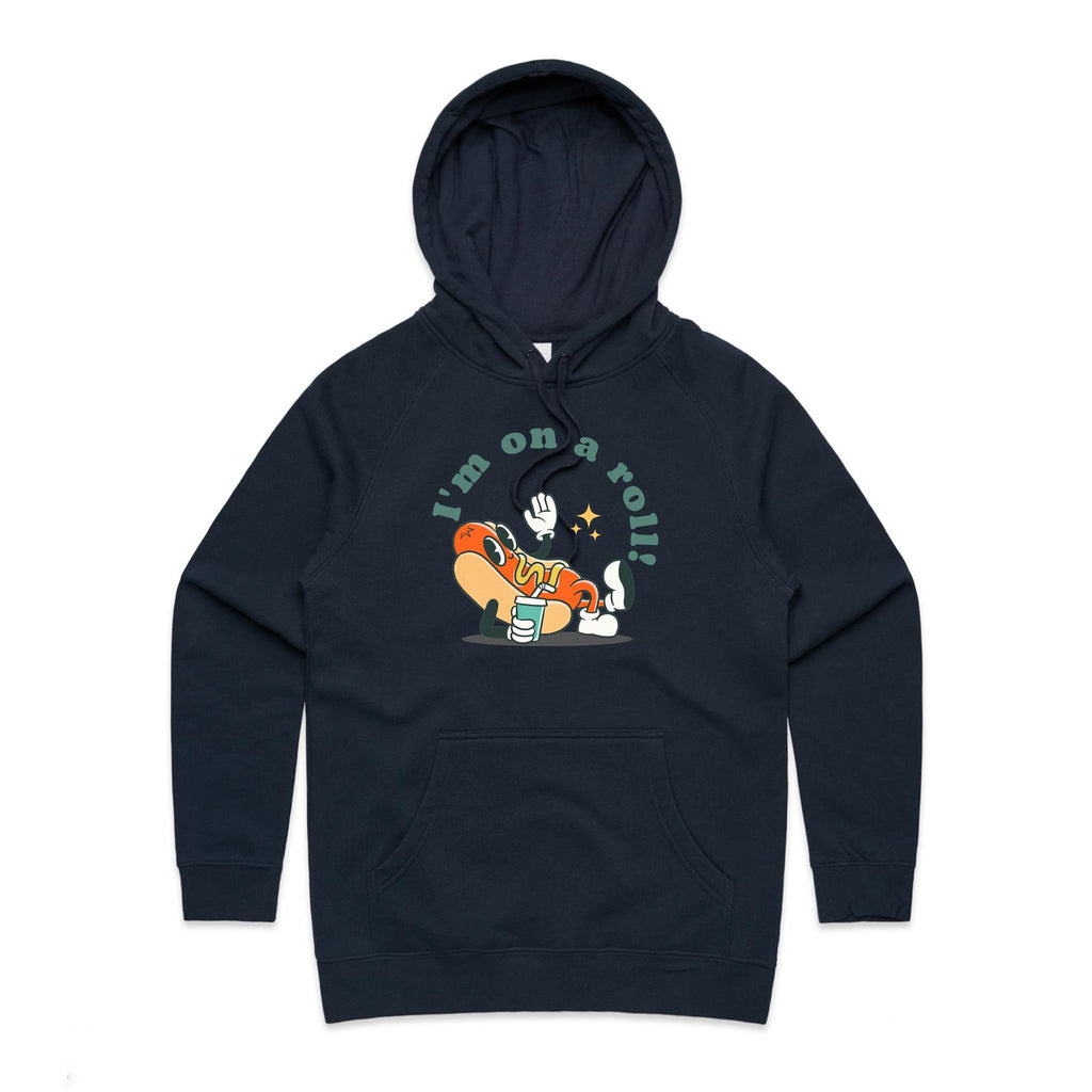 Hotdog, I'm On A Roll - Womens Hoodie Navy Womens Hoodie Food Printed In Australia