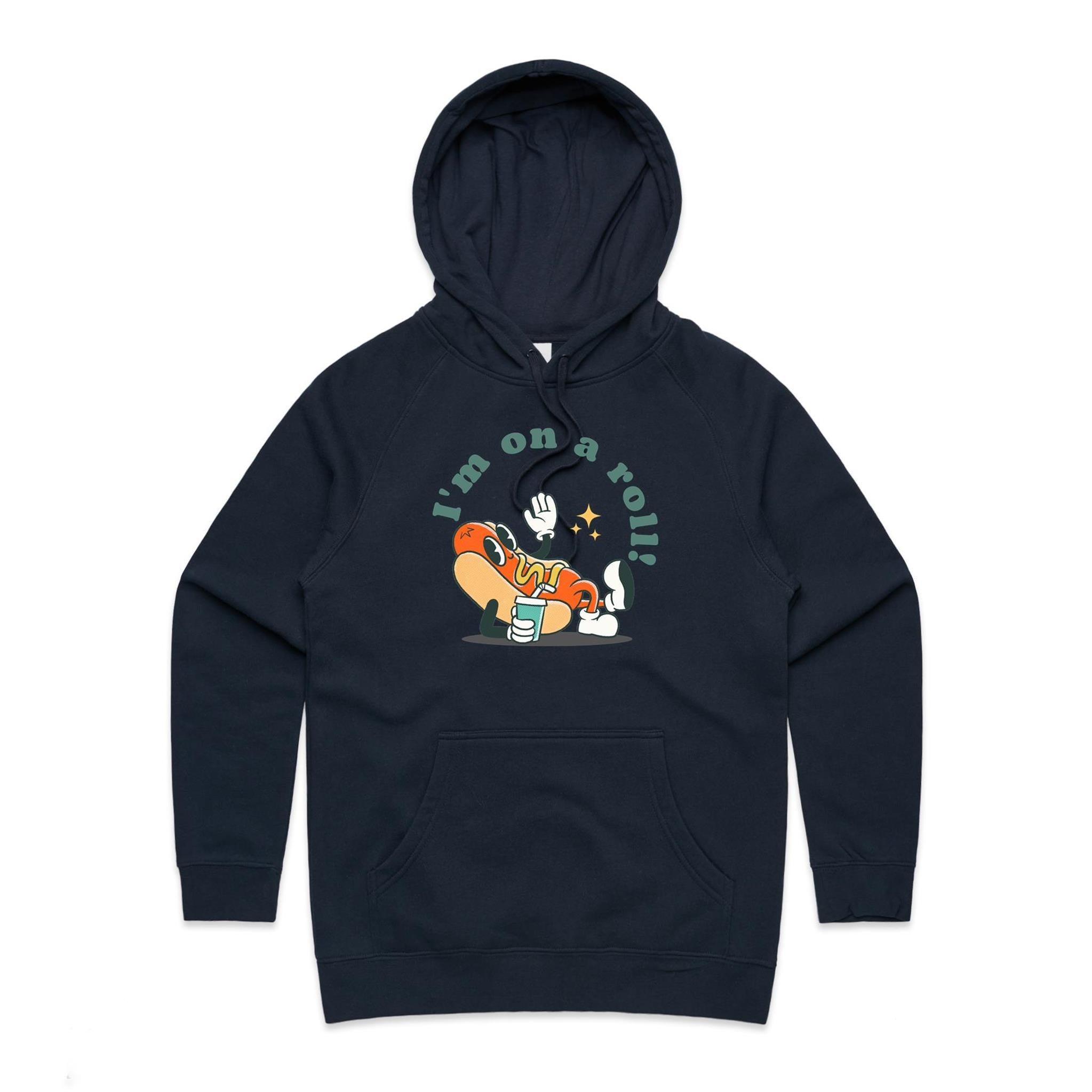 Hotdog, I'm On A Roll - Womens Hoodie Navy Womens Hoodie Food Printed In Australia