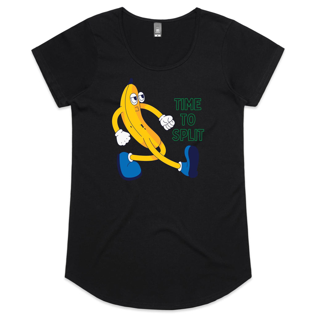 Banana, Time To Split - Womens Scoop Neck T-Shirt Black Womens Scoop Neck T-shirt Food Printed In Australia