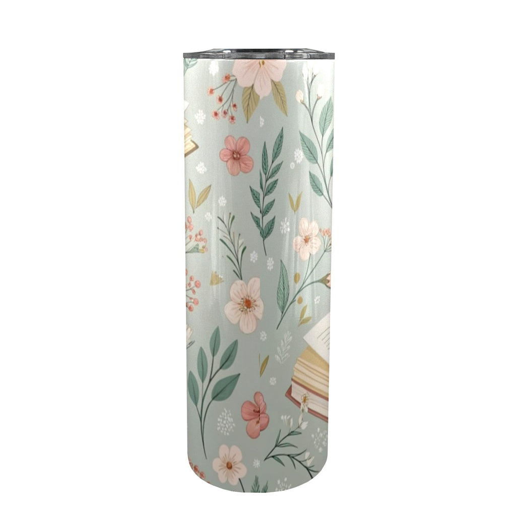 Books And Flowers In Green - 20oz Tall Skinny Tumbler with Lid and Straw