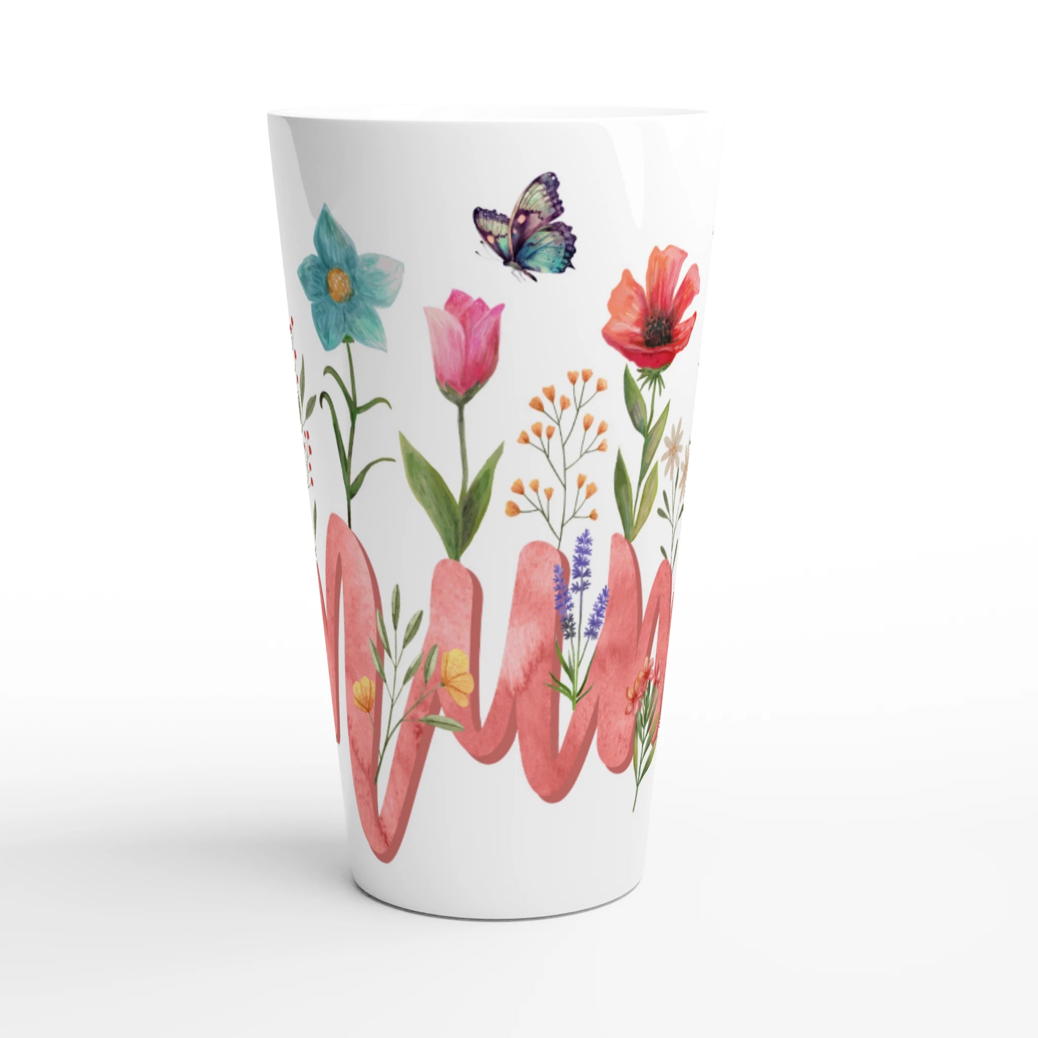 Personalised - Mum With Flowers And Butterflies - White Latte 17oz Ceramic Mug Personalised Latte Mug Globally Fulfilled Mum