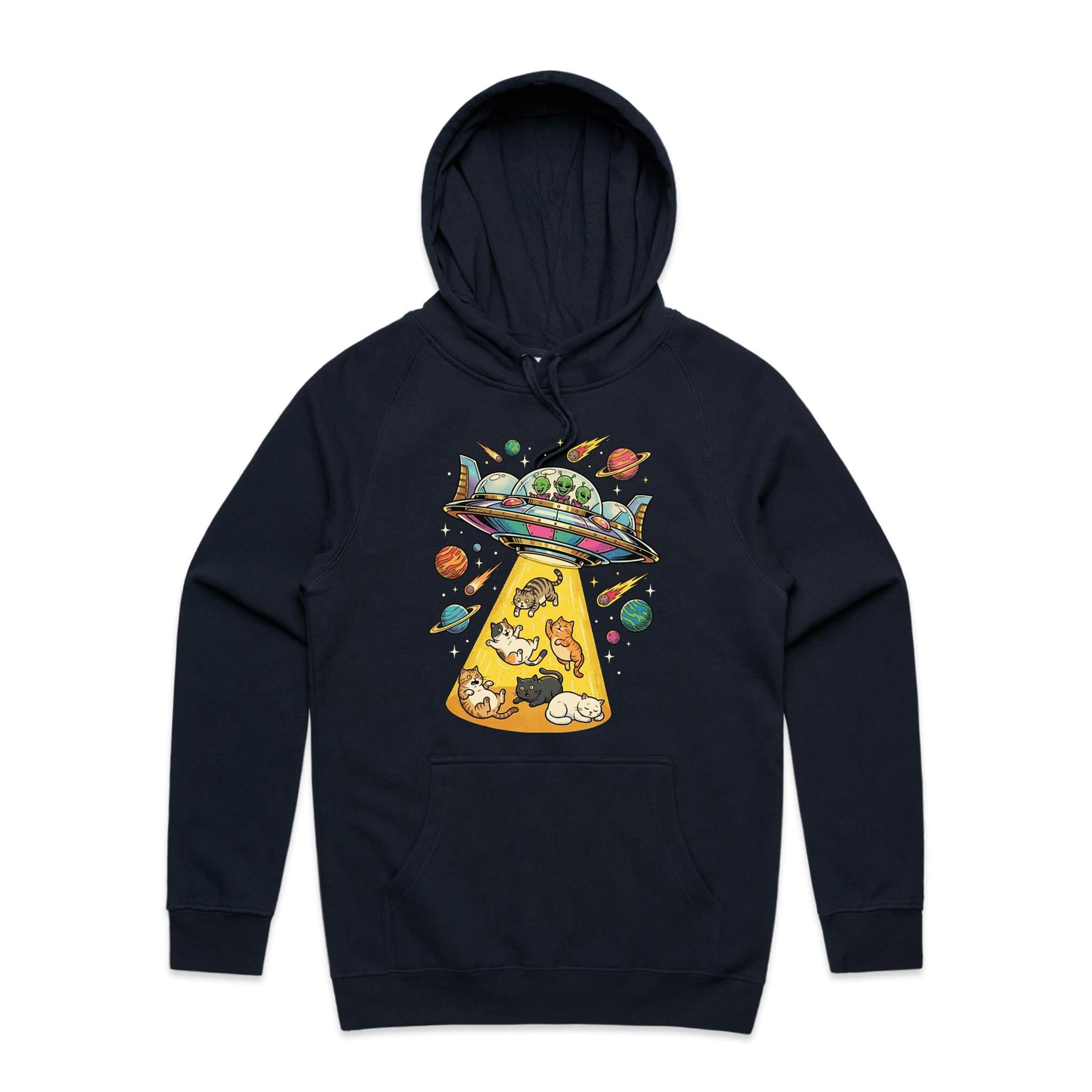UFO Cat Abduction Men's AS Colour Hoodie Navy Mens Hoodie animal Printed In Australia Sci Fi