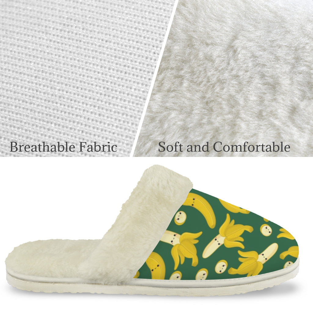 Happy Bananas Women's Fur Trim Thick-Sole Indoor Slippers Women's Fur Trimmed Slippers Food Printed Offshore