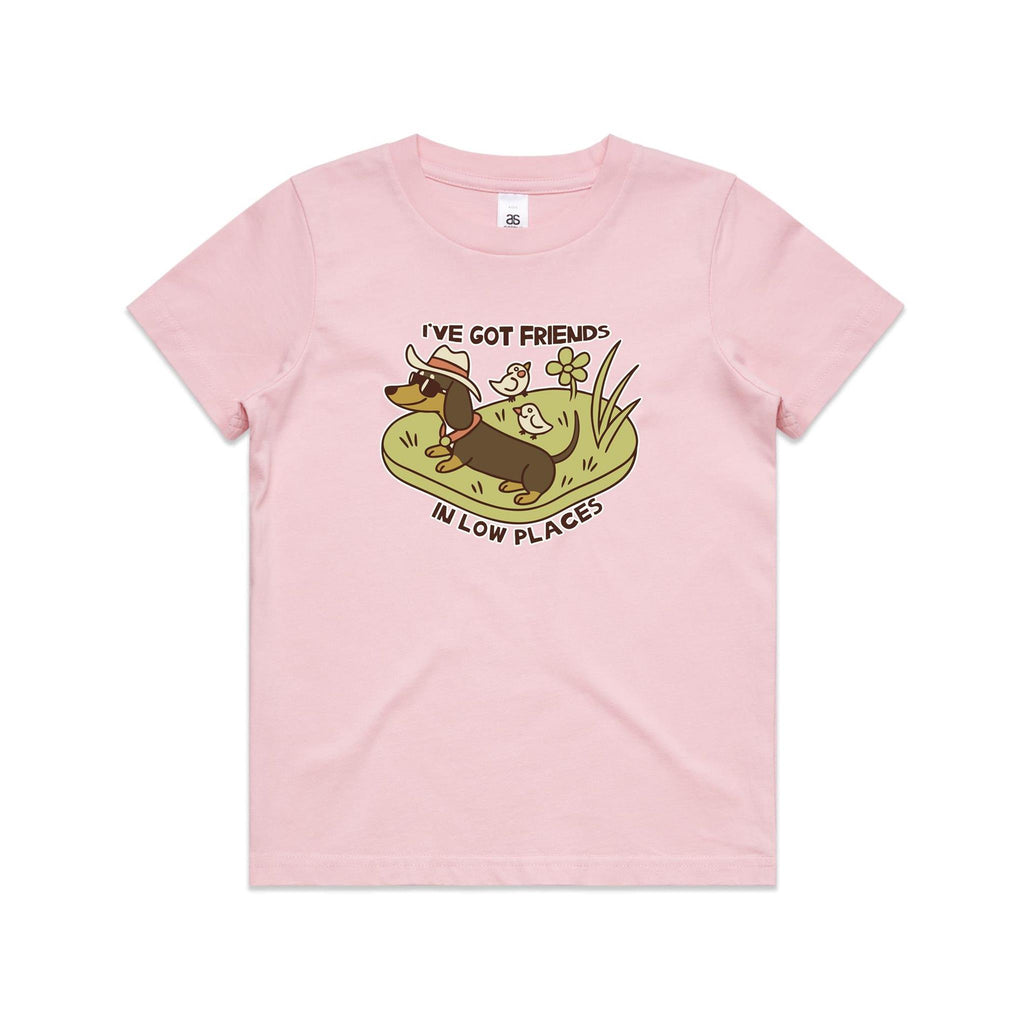 Dachshund, I've Got Friends In Low Places Kid's AS Colour T-shirt Pink Kids Youth T-shirt animal Printed In Australia