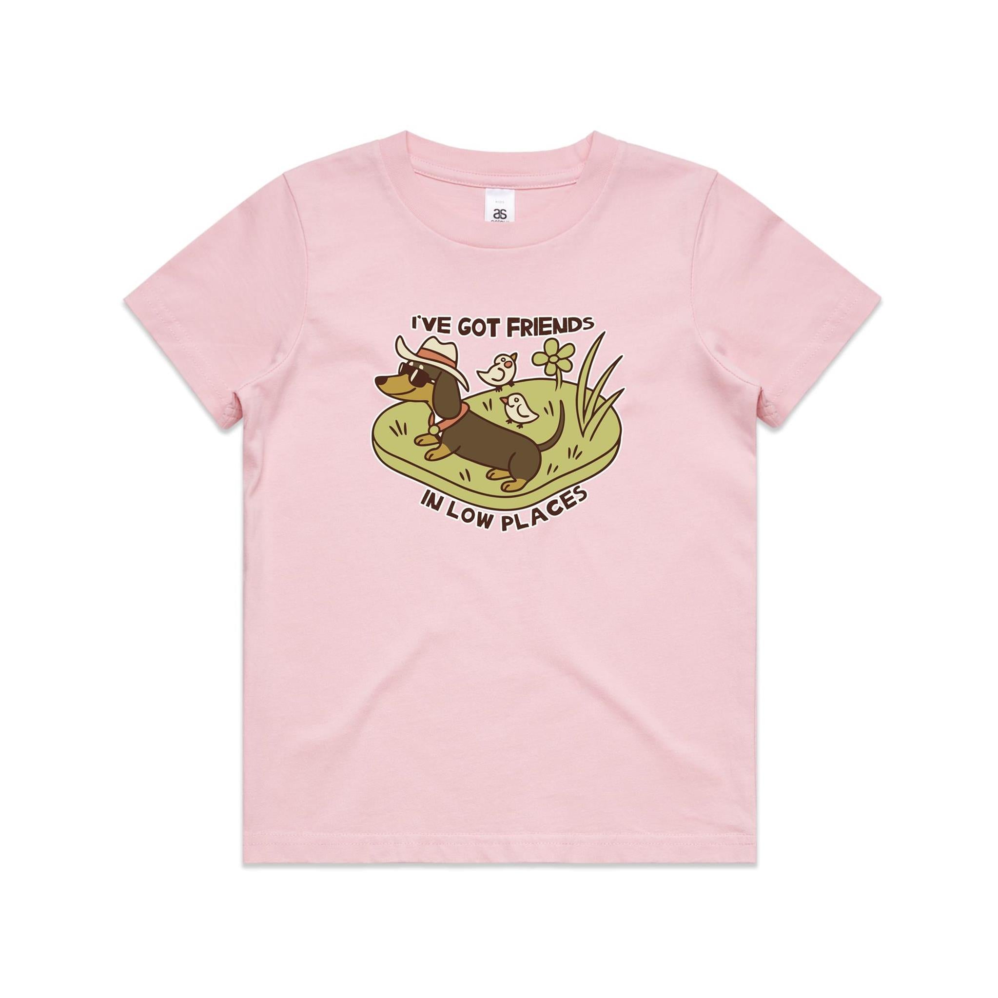 Dachshund, I've Got Friends In Low Places Kid's AS Colour T-shirt Pink Kids Youth T-shirt animal Printed In Australia