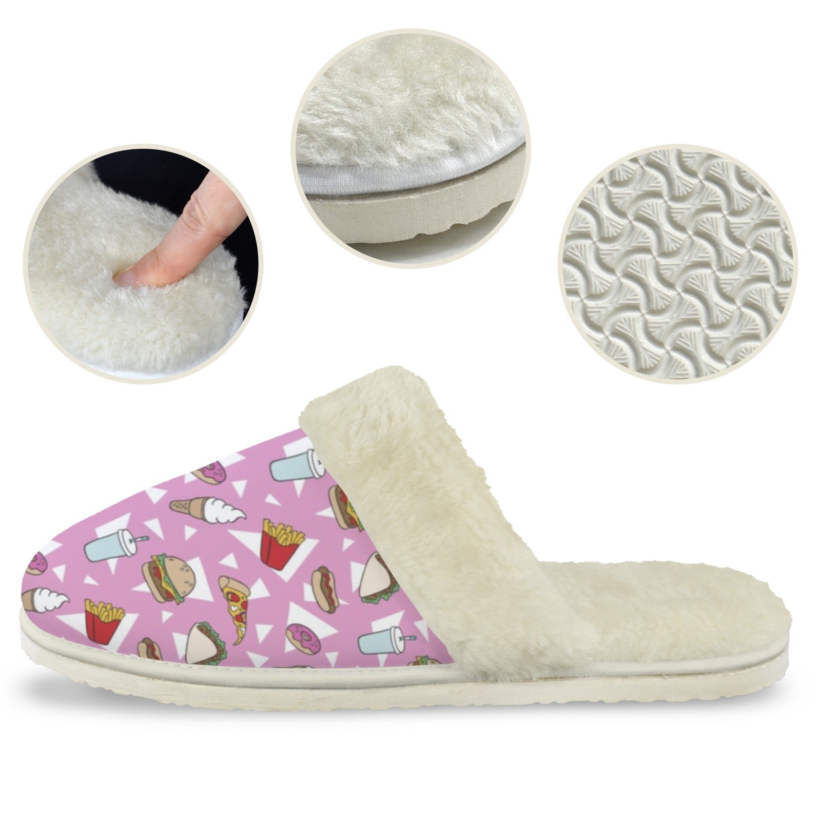 Fast Food Women's Fur Trim Thick-Sole Indoor Slippers Women's Fur Trimmed Slippers Food Printed Offshore