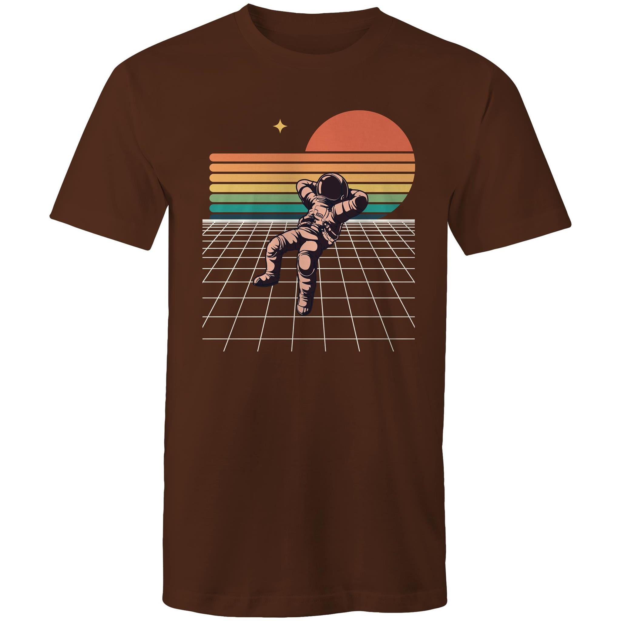 Retro Astronaut - Mens T-Shirt Dark Chocolate Mens T-shirt Printed In Australia Retro Space