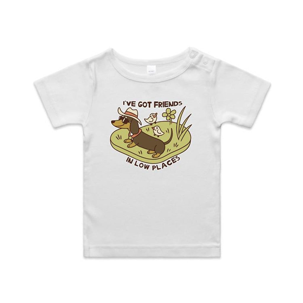 Dachshund, I've Got Friends In Low Places AS Colour Baby T-shirt White Baby T-shirt animal Printed In Australia
