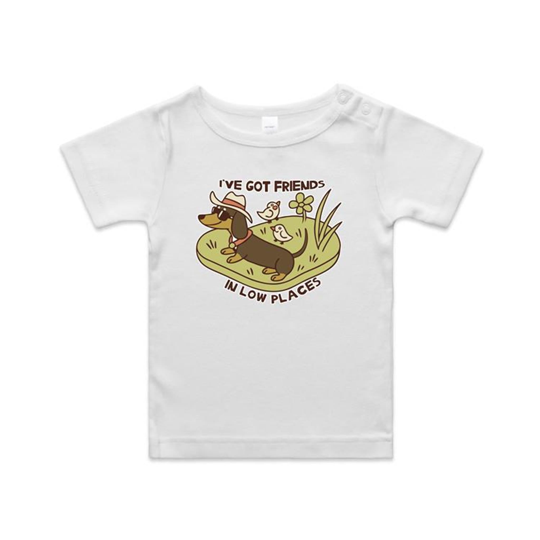 Dachshund, I've Got Friends In Low Places AS Colour Baby T-shirt White Baby T-shirt animal Printed In Australia